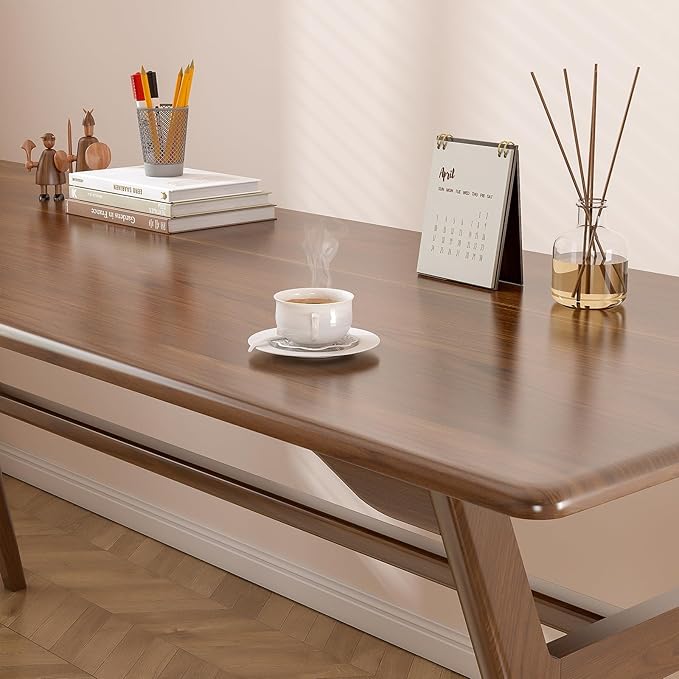 Solid Wood Study Desk - 63" Double Long Computer Table for Home Office, 2-Person PC Workstation, Walnut