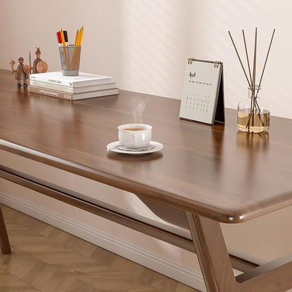 Solid Wood Study Desk - 63" Double Long Computer Table for Home Office, 2-Person PC Workstation, Walnut