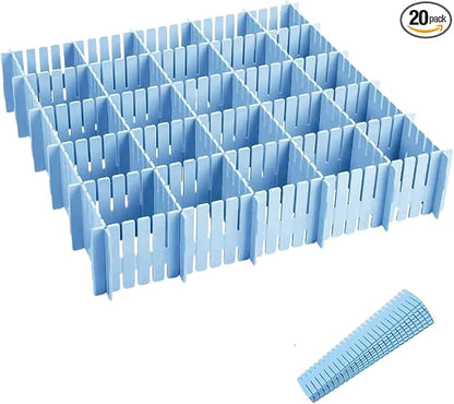 20 Pack Cuttable Drawer Dividers, Plastic Drawer Organizer Set, Storage Dividers for Closet & Kitchen Drawers, White/Blue