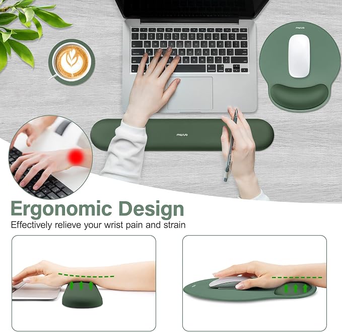 MOSISO Wrist Rest Support for Mouse Pad&Keyboard Set, Circle Curved Ergonomic Mousepad&Coaster Non-Slip Base Home/Office Pain Relief&Easy Typing Pad with Soft Cloth&Silicone Lining, Midnight Green