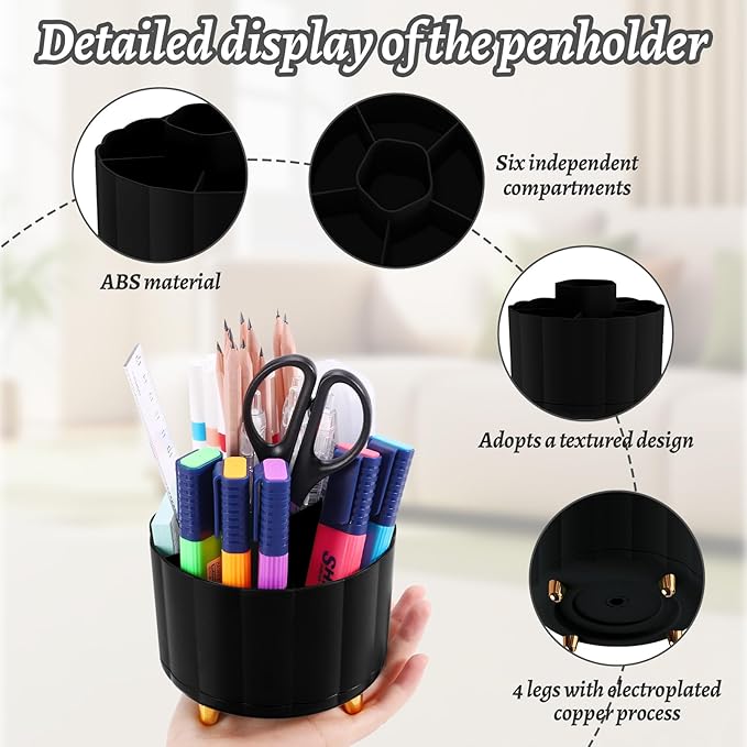 Pencil Holder for Desk 360 Rotating, Pen Holder for Desk or Classroom, Pencil Cup & Pen Organizer, Rotating Caddy, Makeup Brush Holders with 6 Slots, Black