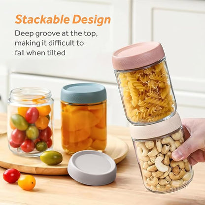 16 oz/480 ml Glass Storage Canister with Airtight Lid, 4 Pack Clear Overnight Oats Containers, Cute Decorative Mason Salad Jar for Snacks, Yogurt, Cereal, Fruit, Spice, Sugar, Coffee, Tea