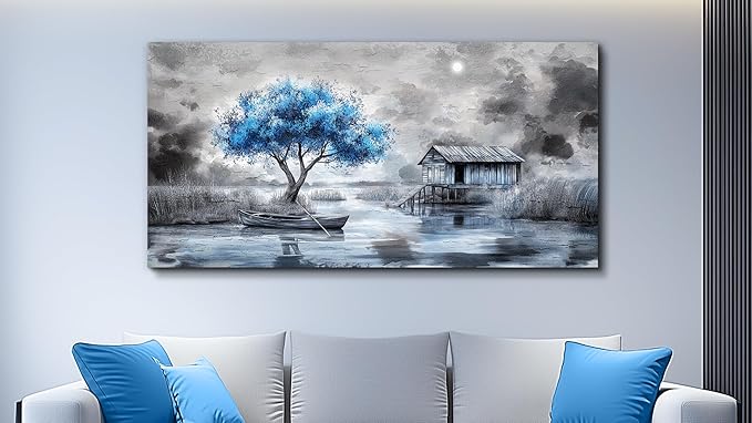QIYILEXWART Canvas Wall Art For Living Room Wall Decor For Bedroom Office Wall Decorations The Blue Tree Painting The Hut Pictures Artwork Room Aesthetic Home Decor Ready To Hang