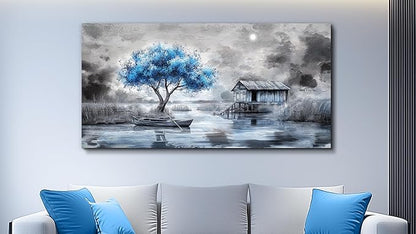 QIYILEXWART Canvas Wall Art For Living Room Wall Decor For Bedroom Office Wall Decorations The Blue Tree Painting The Hut Pictures Artwork Room Aesthetic Home Decor Ready To Hang