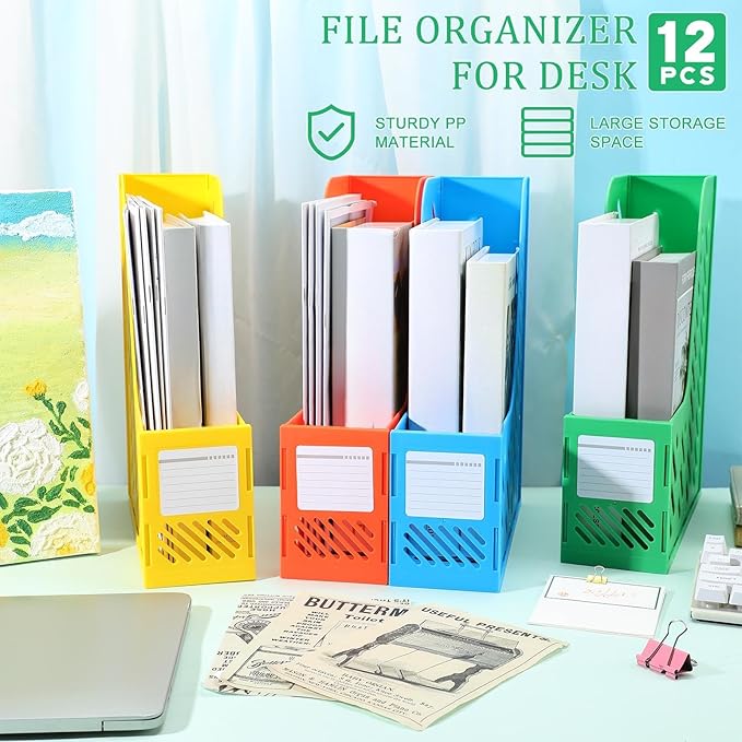 Glenmal 12 Pack Magazine Organizers Binder Organizer for Desk Plastic Vertical File Holder Magazine Racks Desk Accessories for Office, Home, or School (Colorful)