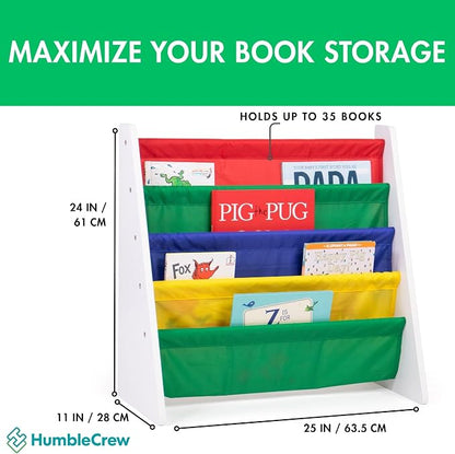 Humble Crew 4-Tier Kids Bookshelf, White Wood/Primary - Premium Book Shelf for Kids Rooms with Four Deep Pockets - Toddler Sling Book Rack with Deep Sleeves, Nursery Bookcase Organizer