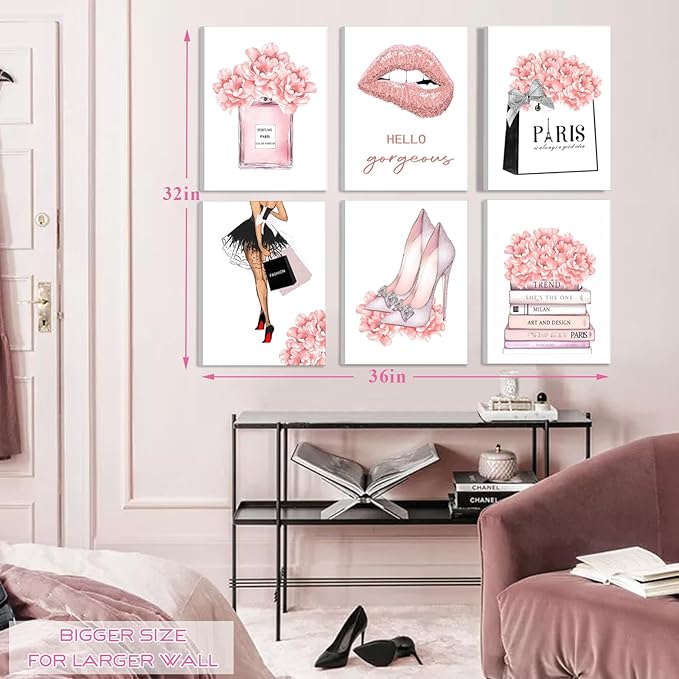 FRAMED Pink Makeup Room Canvas Wall Art, Fashion Woman Picture Wall Decor Paintings, Watercolor Perfume High Heels Lipstick Beauty Room Decor Pictures Arts for Girls Women Room Decor, (Set of 6, 12x16 in, Framed)