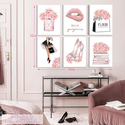 FRAMED Pink Makeup Room Canvas Wall Art, Fashion Woman Picture Wall Decor Paintings, Watercolor Perfume High Heels Lipstick Beauty Room Decor Pictures Arts for Girls Women Room Decor, (Set of 6, 12x16 in, Framed)