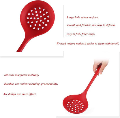 Silicone Skimmer Spoon Set 2, Non-Stick Cooking Slotted Colander Spoon Skimmer Strainer, Kitchen Sink Ladle Strainer Silicone Filter Spoon with Long Handle,Red and Black 32.5X10CM