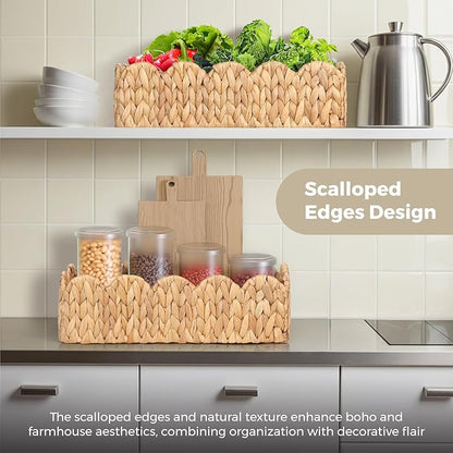 Handwoven Water Hyacinth Scalloped Countertop Storage Basket, Toilet Tank Basket for Bathroom, Scalloped Edge Wicker rectangle Basket for Toilet Paper Baskets, Vanity, Entryway, or Living Room (1pcs)