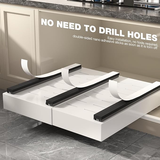 Seinloes 1 Pack Pull Out Cabinet Organizer 21" Deep,Full Extension 3 Slide Rails Slide Out Drawers With Raising Pad for Framed Cabinets,Expandable Width (12.3"-20.5"),No Drill Roll Out Shelves,White