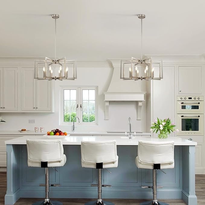 8-Light Modern Farmhouse Brushed Nickel Chandeliers for Dining Room, Large Industrial Kitchen Table Chandelier, Metal Geometric Hanging Light Fixture for Living Room Entryway Foyer Stairway