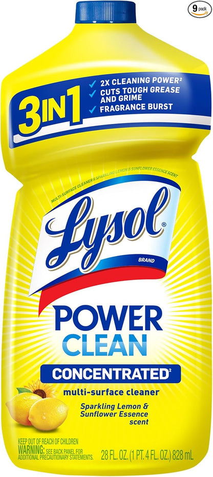 Lysol Power Clean Multi-Surface Cleaner, 2x Concentrated Pour, Sparkling Lemon & Sunflower Essence scent, 28 Fl Oz (Packaging May Vary), Pack of 9