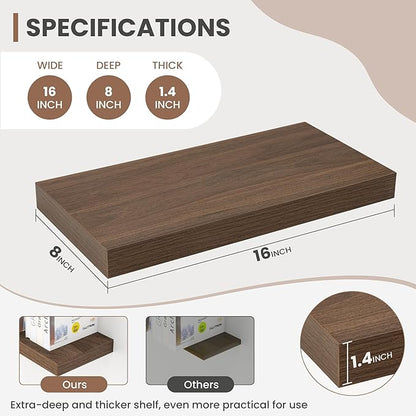 Acovy 16 Inch Floating Shelves, 8 Inch Deep Floating Shelves for Wall, Hanging Shelf with Invisible Brackets, Deep Shelves for Bathroom, Bedroom, Living Room, Walnut, Set of 2