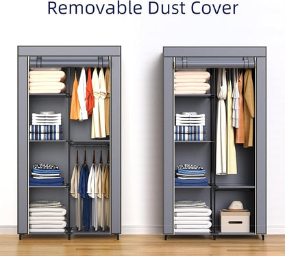 Portable Closet, Wardrobe Closet with 6 Storage Shelves and 2 Hanging Rods, Non-Woven Fabric Cover, 34.6 x 17.7 x 66.1 Inches Closet Organizer for Bedroom, Gray