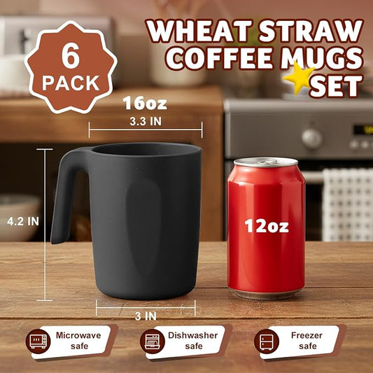 Wheat Straw Coffee Mugs 16 OZ, Unbreakable Drinking Cups with Handle Set of 6, Alternative to Plastic Reusable Coffee Cups, Microwave Safe & Dishwasher Safe Coffee Cup Set for Kichen, Black