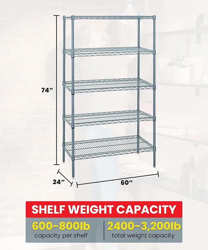 Quantum Storage Systems WR74-2460GY-5 Wire Shelving 5 Shelf Starter Units, 24" x 60" x 74", Gray Epoxy