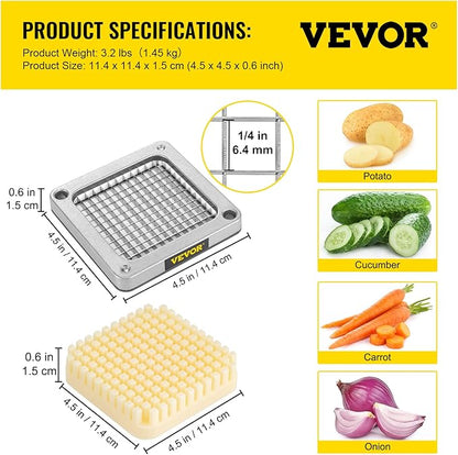 VEVOR Replacement Chopper Blade, 1/4 inch, 3 PCS French Fry Blade Assembly with 6 Extra Knives, Stainless Steel Dicer Parts and Push Block for Cutting Potatoes Carrots Onions Cucumbers Mushrooms