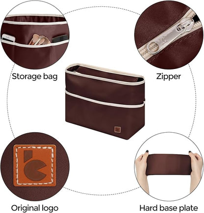 SDANG Purse Organizer Insert with Zipper – Pink Handbag & Tote Bag Organizer | Bag-in-Bag Insert with Pockets for Purses, Totes & Travel(Brown,Large 30)