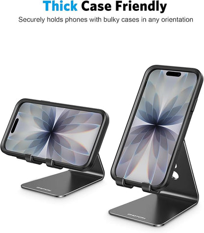 OMOTON Adjustable Cell Phone Stand, C2 Aluminum Desktop Phone Holder Dock Compatible with iPhone 15 14 13 Xs XR 8 Plus 7 6, Samsung Galaxy, Google Pixel, Android Phones, Black