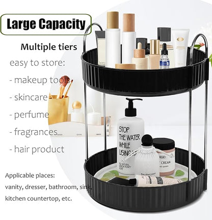 Rotating Makeup Organizer Countertop 2 Tier Lazy Susan Trays Spinning Skincare Perfume Storage for Bathroom Counter Vanity, Black