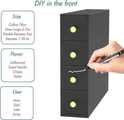 Suli Coffee Pod Holder, 52 Pods Large Capacity, 4-Tier Coffee Pod Organizer for Countertop, Dual Orientation, Space Saving Coffee Capsule Storage Drawer, Black