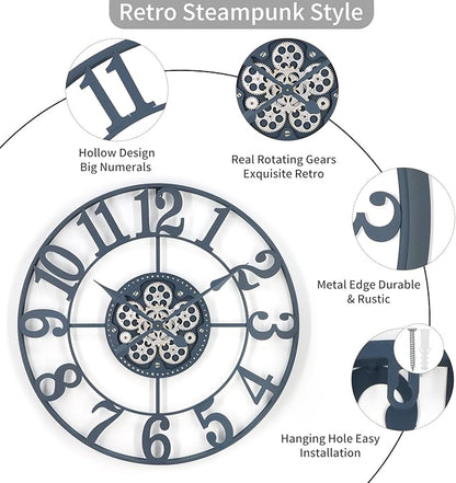 29 Inch Large Wall Clocks for Living Room Decor with Moving Gears,Large Wall Clock Industrial Steampunk,Oversized Metal Analog Wall Clocks for Farmhouse Home Battery Operated