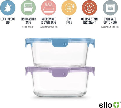 Ello Color Lock Glass Meal Prep Sets Leak-Proof Glass Food Storage Containers with Airtight BPA-Free Plastic Lids, Dishwasher, Microwave, and Freezer Safe