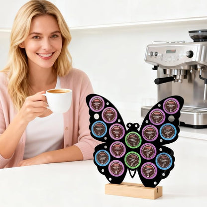 Butterfly Shaped K Cup Holder, Coffee Pod Storage Organizer for 16 Capsules, Classic Black Coffee Bar Accessories, Compatible with Most K-Cups, Suitable for Home Kitchen & Office Countertop