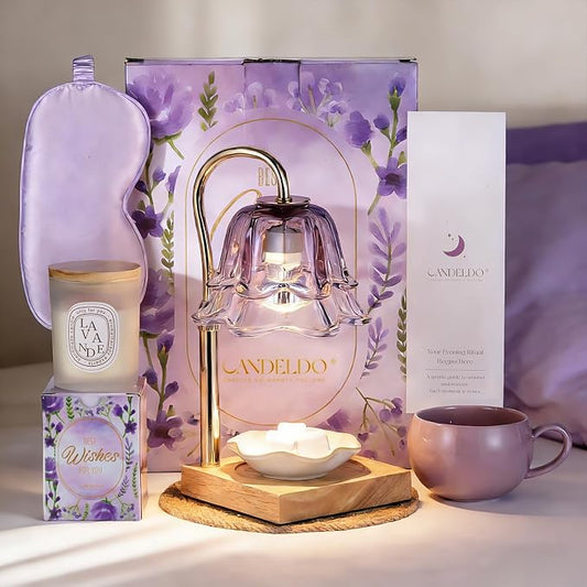 Candeldo Relaxing Birthday Gifts for Women: Purple Flower Candle Warmer Lamp with Scented Candles Mothers Day Gift Set for Mom Dimmable Wax Warmer with Timer