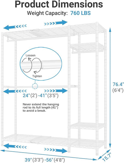 VIPEK X20 Expandable Metal Clothing Rack Adjustable from 3'3" to 4'8" Heavy Duty Garment Racks with Adjustable Shelves and Hanger Rods Portable Wardrobe Open Closet Rack System, White