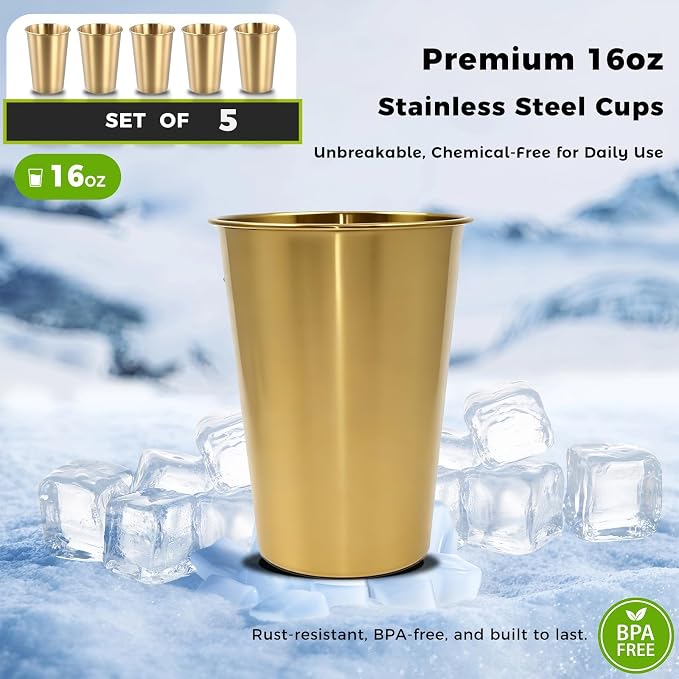 5 Pack 16 oz Stainless Steel Pint Cups,Stainless Steel Cup,Pint Cup Tumbler，water Tumbler,Stackable,Reusable,BPA Free