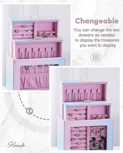 Homde Jewelry Organizer Girls Women Jewelry Box for Necklaces Rings Earrings Gift Bracelets Storage Case (Blue - Pink Gradient + Gold)