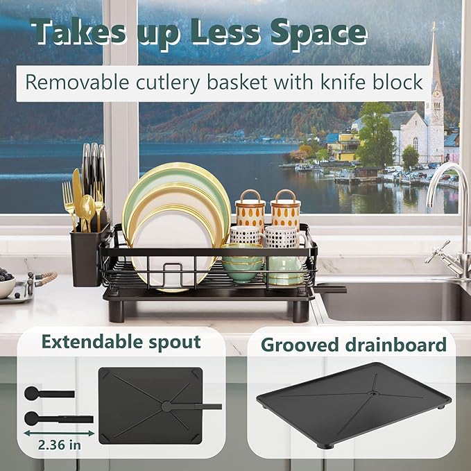 AIDERLY Metal Dish Drying Rack Automatic Drainage, Black, Large | Removable Cutlery Basket, Drainboard & Knife Slots, Dish Drainers, for Kitchen Counter Sink