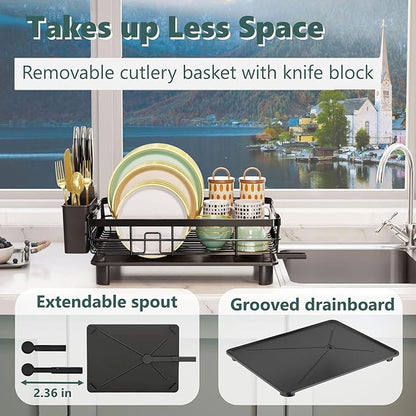 AIDERLY Metal Dish Drying Rack Automatic Drainage, Black, Large | Removable Cutlery Basket, Drainboard & Knife Slots, Dish Drainers, for Kitchen Counter Sink