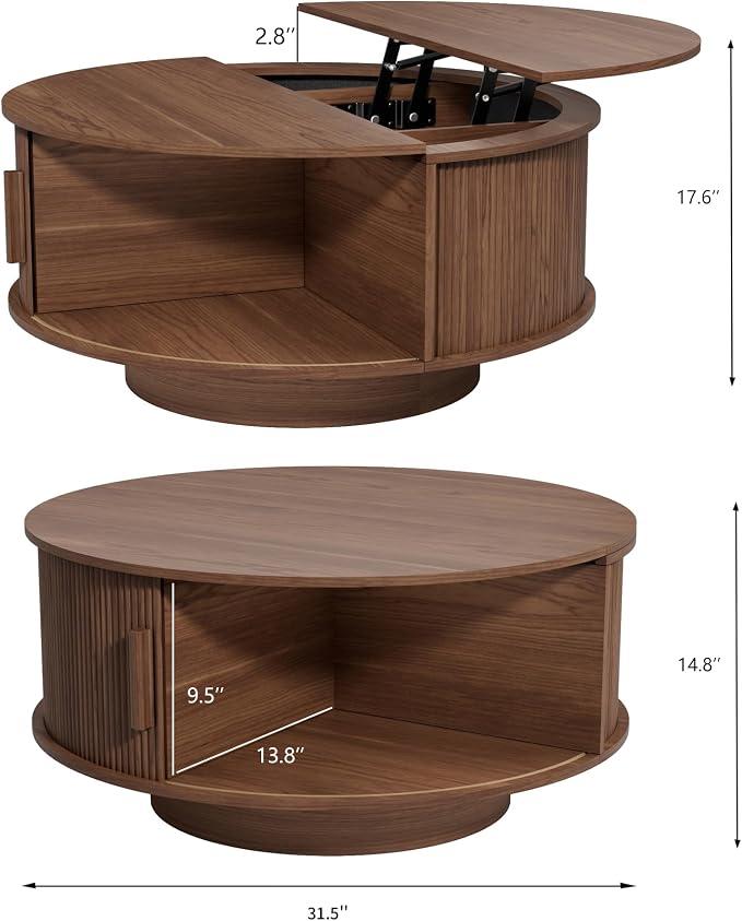 Round Lift Top Coffee Table, Mid Century Modern Fluted Circle Coffee Table with Hidden Storage Compartment, Wooden Center Table with Open Shelf for Living Room, Small Space, Walnut
