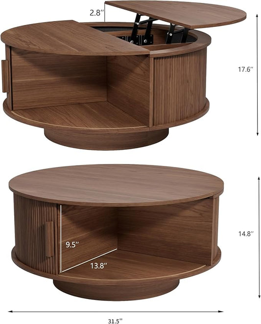 Round Lift Top Coffee Table, Mid Century Modern Fluted Circle Coffee Table with Hidden Storage Compartment, Wooden Center Table with Open Shelf for Living Room, Small Space, Walnut