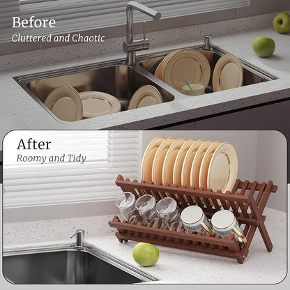 VERTORGAN Teak Dish Drying Rack,Folding Collapsible Drainer Plate Organizer Holder for Kitchen,Foldable Spice Rack for Countertop and Cabinet,Pantry Organization and Storage
