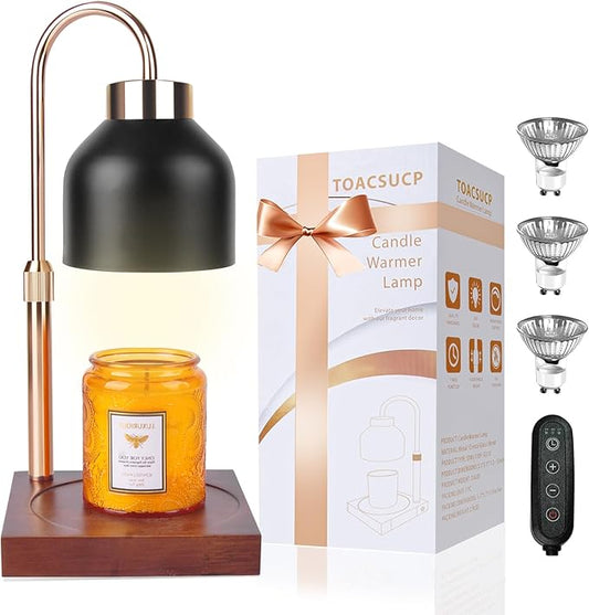 TOACSUCP Candle Warmer Lamp with 3 Bulbs, Adjustable Height Dimmable Candle Warmer with Timer, Compatible with Large Jar Candles, Candle Lamp with Charming Gift Box Ribbon for Her/Him(Black)