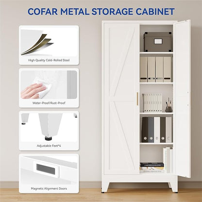 COFaR 71 in Tall Kitchen Pantry Cabinet, Metal Pantry Storage Cabinet with 4 Adjustable Shelves and 2 Barn Doors, White Freestanding Farmhouse Food Cupboard for Dining Room Living Room
