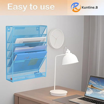 Kuntine.B 6-Tier Wall File Organizer Hanging File Organizer Cubicle Organizer Wall File Holder for Office Home (Blue, 6 Tier)
