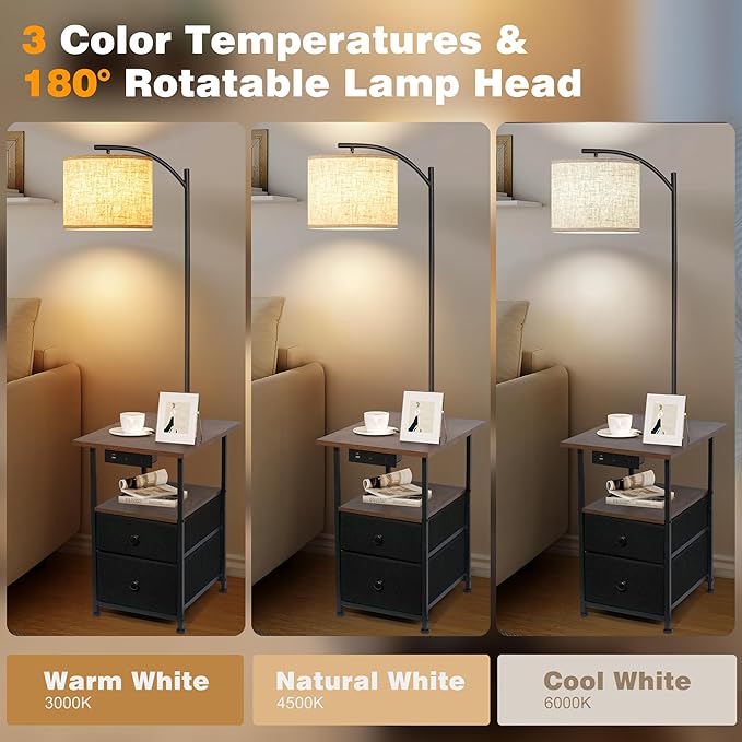 PESRAE Floor Lamp with Table & 2 Drawers, End Table with 3 Color Temperature Reading Light, Side Table Lamp with USB & Type C & AC Charging Port for Living Room, Bedroom