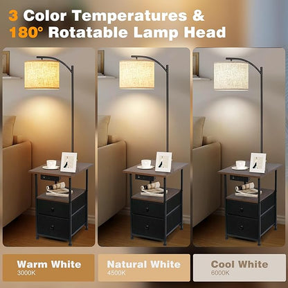 PESRAE Floor Lamp with Table & 2 Drawers, End Table with 3 Color Temperature Reading Light, Side Table Lamp with USB & Type C & AC Charging Port for Living Room, Bedroom