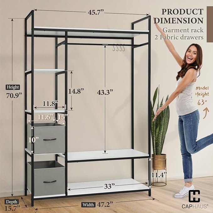 CAPHAUS 979lbs Capacity Garment Rack for Hanging Clothes, Heavy Duty Open Wardrobe w/Hanging Rods & Fabric Drawers, Free Standing Closet Organizer, Metal Closet Rack w/White Wooden Shelves