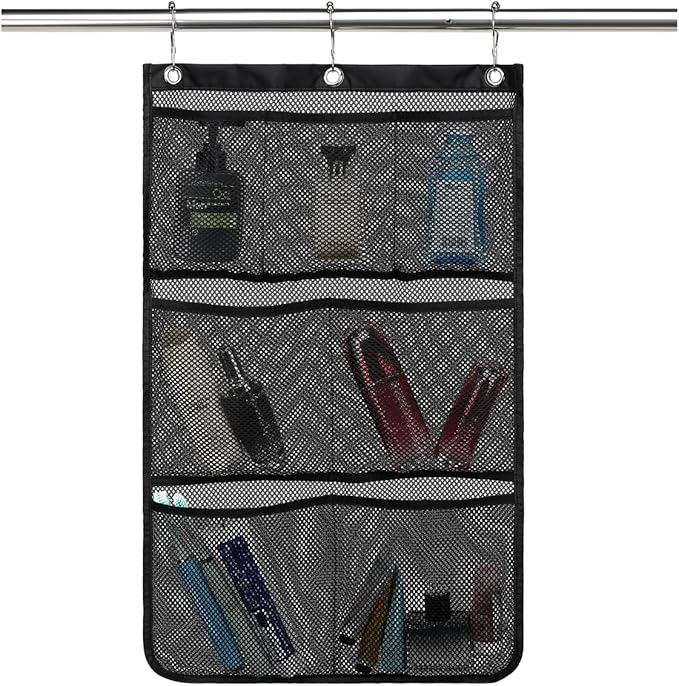 GYEUKHAM Mesh Shower Caddy Hanging Organizer with 7 Pockets and Hooks, Portable Quick Dry Bathroom Storage for College Dorm, Cruise, RV, Gym, Travel Toiletry Bag, Black, 1 Pack