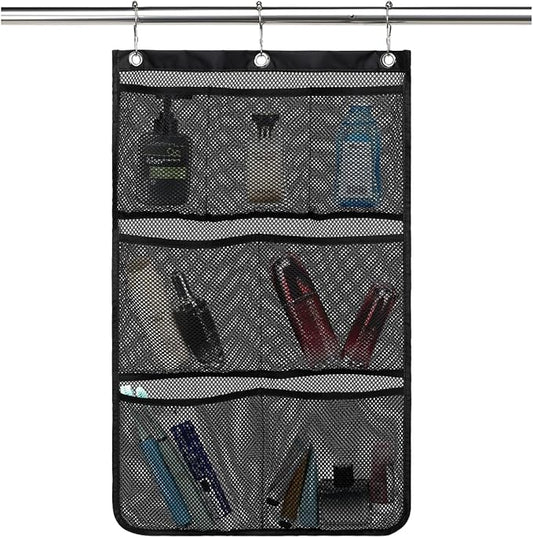 GYEUKHAM Mesh Shower Caddy Hanging Organizer with 7 Pockets and Hooks, Portable Quick Dry Bathroom Storage for College Dorm, Cruise, RV, Gym, Travel Toiletry Bag, Black, 1 Pack