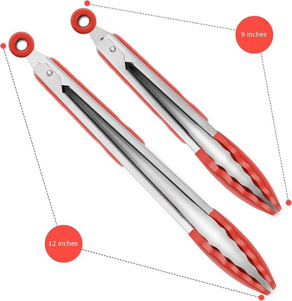 2 Pack Silicone Kitchen Tongs – 9" & 12" Set, Heat Resistant up to 500°F, Non‑Stick Cookware Safe, Wavy Silicone Tips, BPA Free, Locking Clip & Hanging Loop, Red