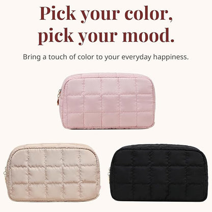 Makeup Bag for Women, Travel Cosmetic Bag Organizer with Compartments, Quilted Puffy Toiletry Pouch for Brushes, Essentials and Accessories, Black