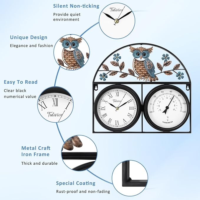 17Inch Large Outdoor Clock,Waterproof Wall Clock with Thermometer,Weatherproof Non-Ticking Quartz Battery Operated Decor Clock for Patio,Garden,Pool,Porch,House Warming Gifts