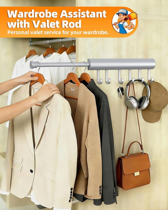 12 inch Valet Rod for Closets Pull Out, Closet Rods Extenders for Hanging Clothes Telescoping Adjustable With 6 Hooks (Silver, 12 Inch-1 Pack)